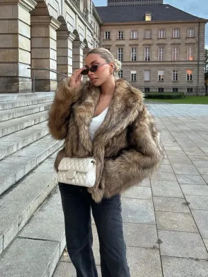 Open collar chic fluffy faux fur coat