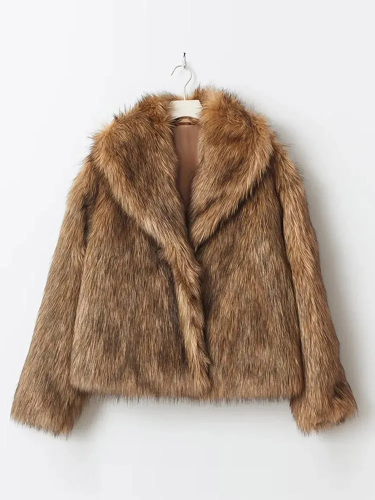 Open collar chic fluffy faux fur coat