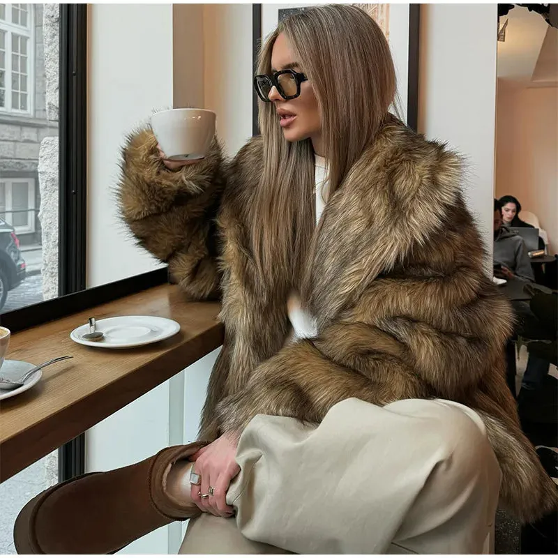 Open collar chic fluffy faux fur coat