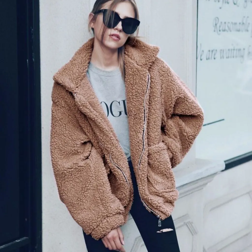 Oversized Teddy Bear Zipup Jacket - Camel