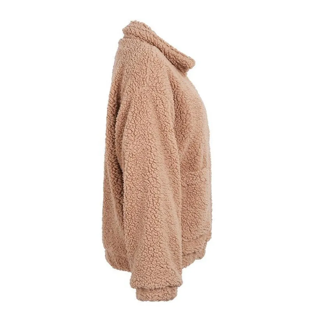 Oversized Teddy Bear Zipup Jacket - Camel