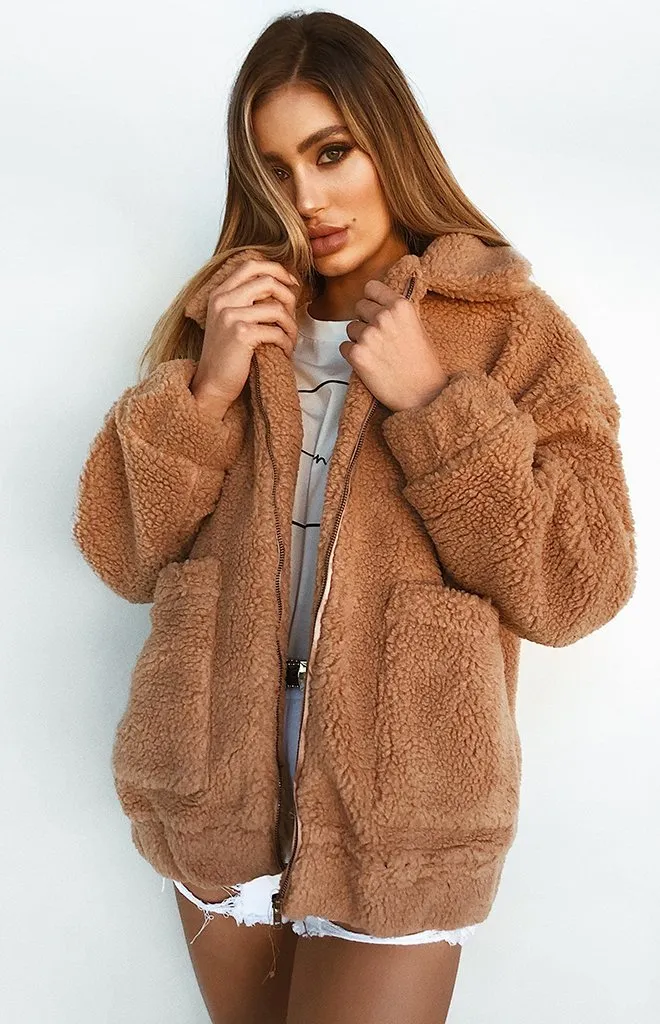 Oversized Teddy Bear Zipup Jacket - Camel