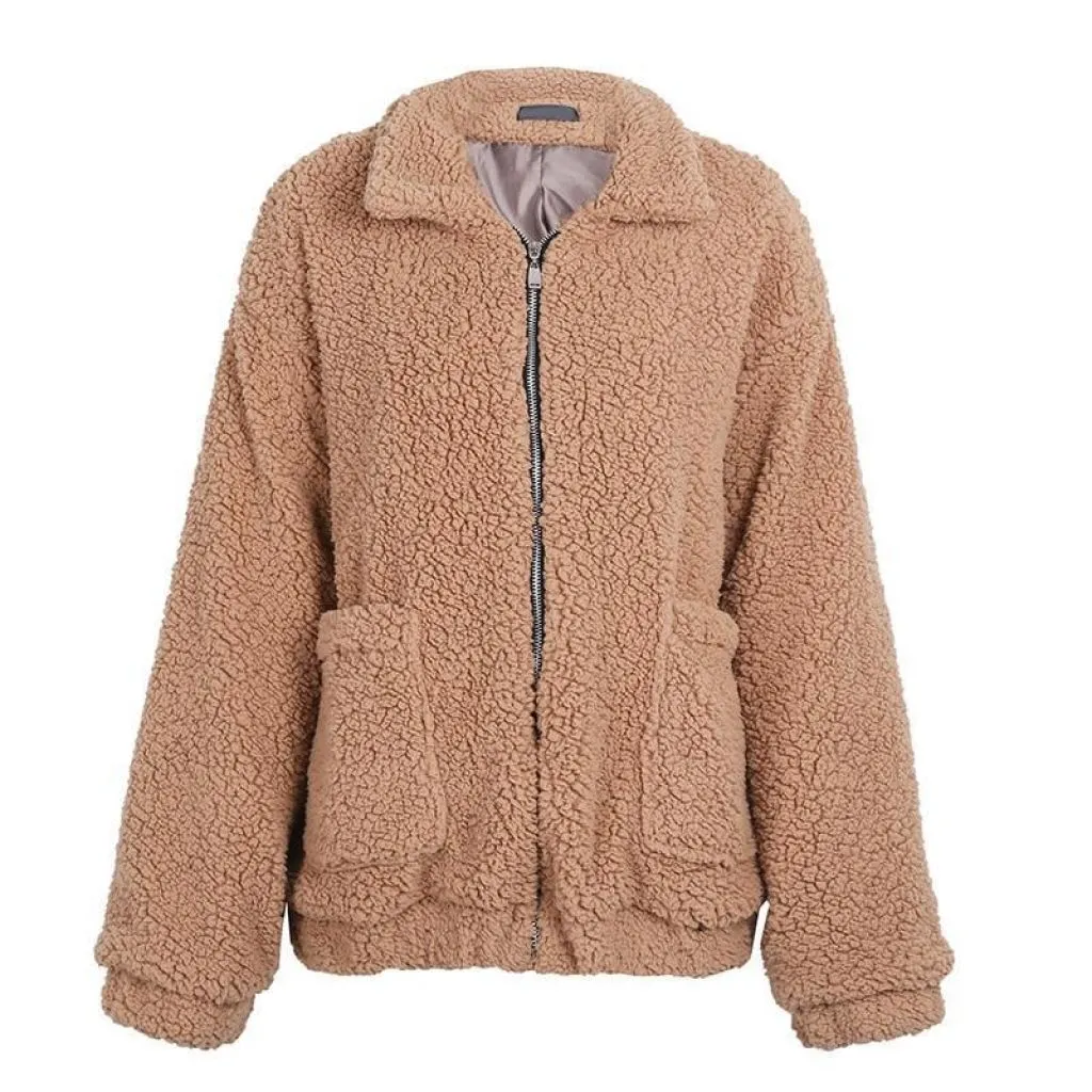 Oversized Teddy Bear Zipup Jacket - Camel