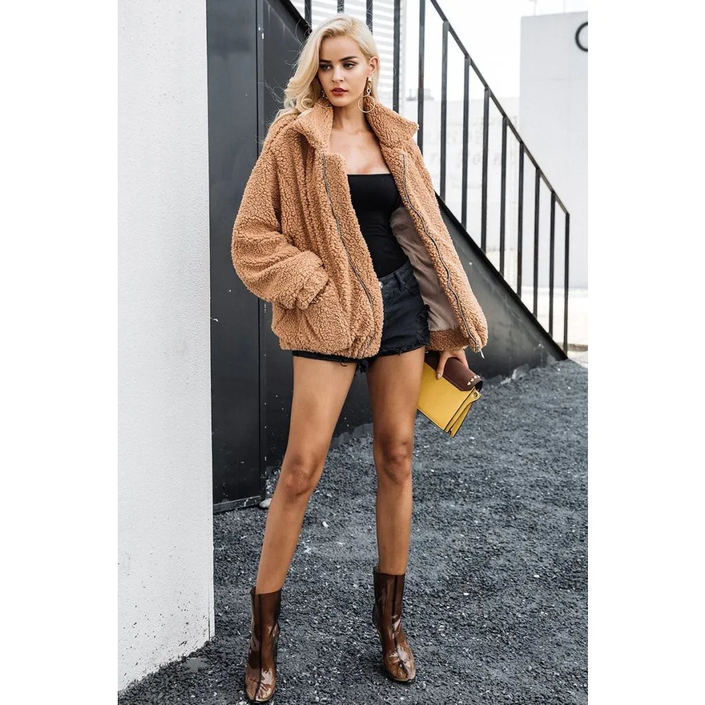 Oversized Teddy Bear Zipup Jacket - Camel