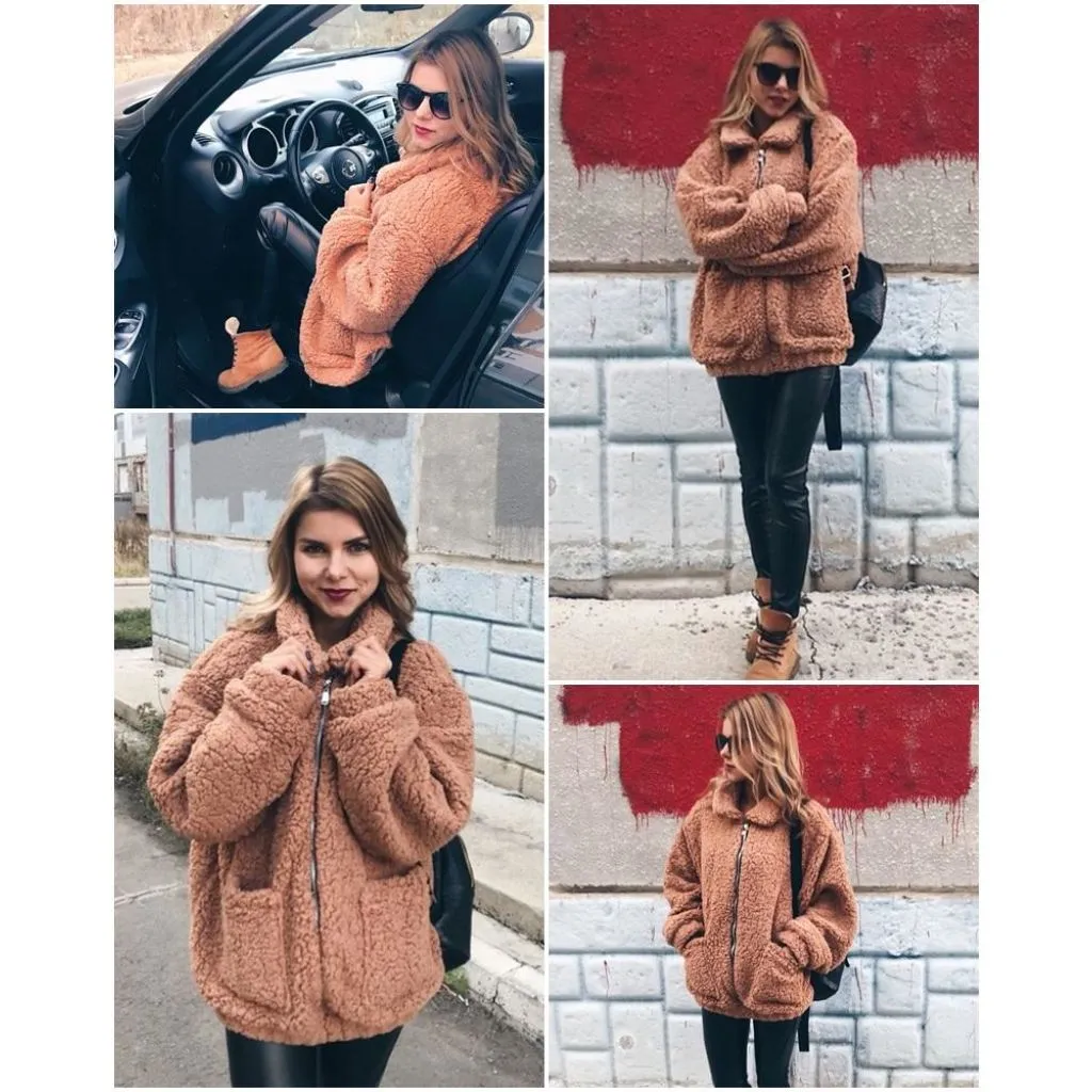 Oversized Teddy Bear Zipup Jacket - Camel