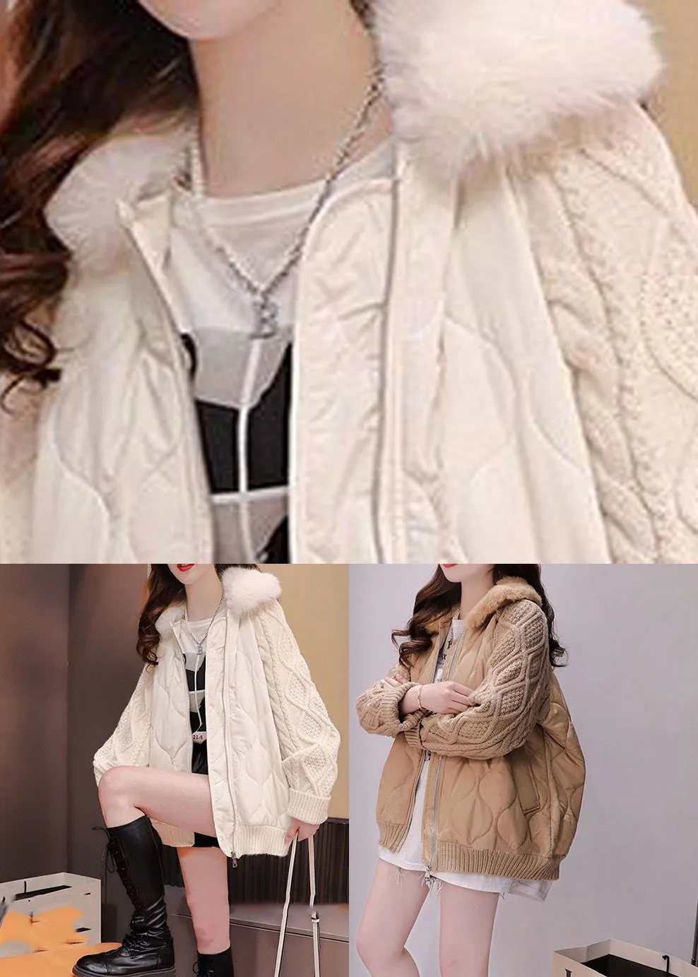 Plus Size Beige Fur Collar Knit Patchwork Parka Winter