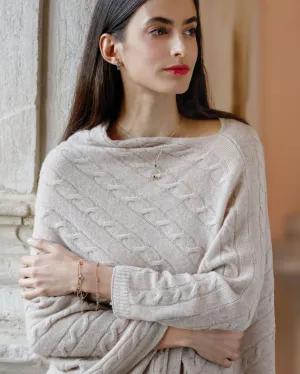 Pure Cashmere Cable Knit Poncho Beige