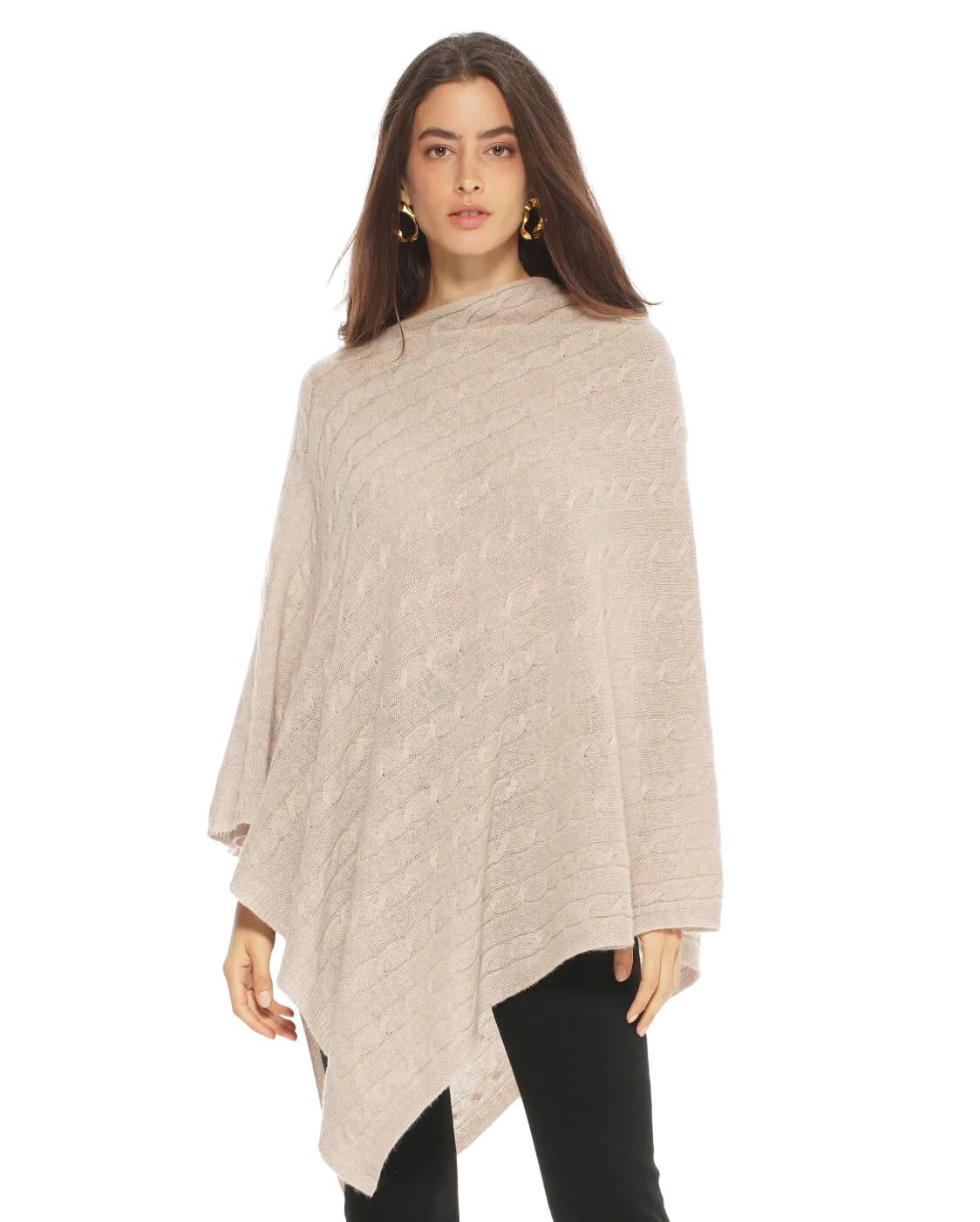 Pure Cashmere Cable Knit Poncho Beige