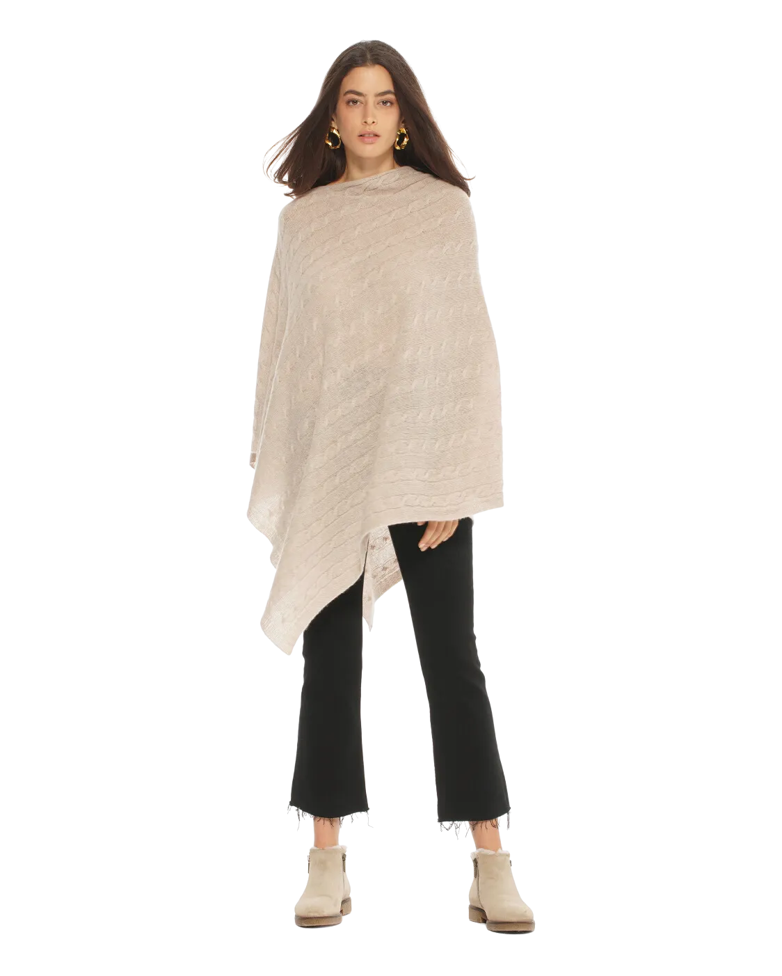 Pure Cashmere Cable Knit Poncho Beige