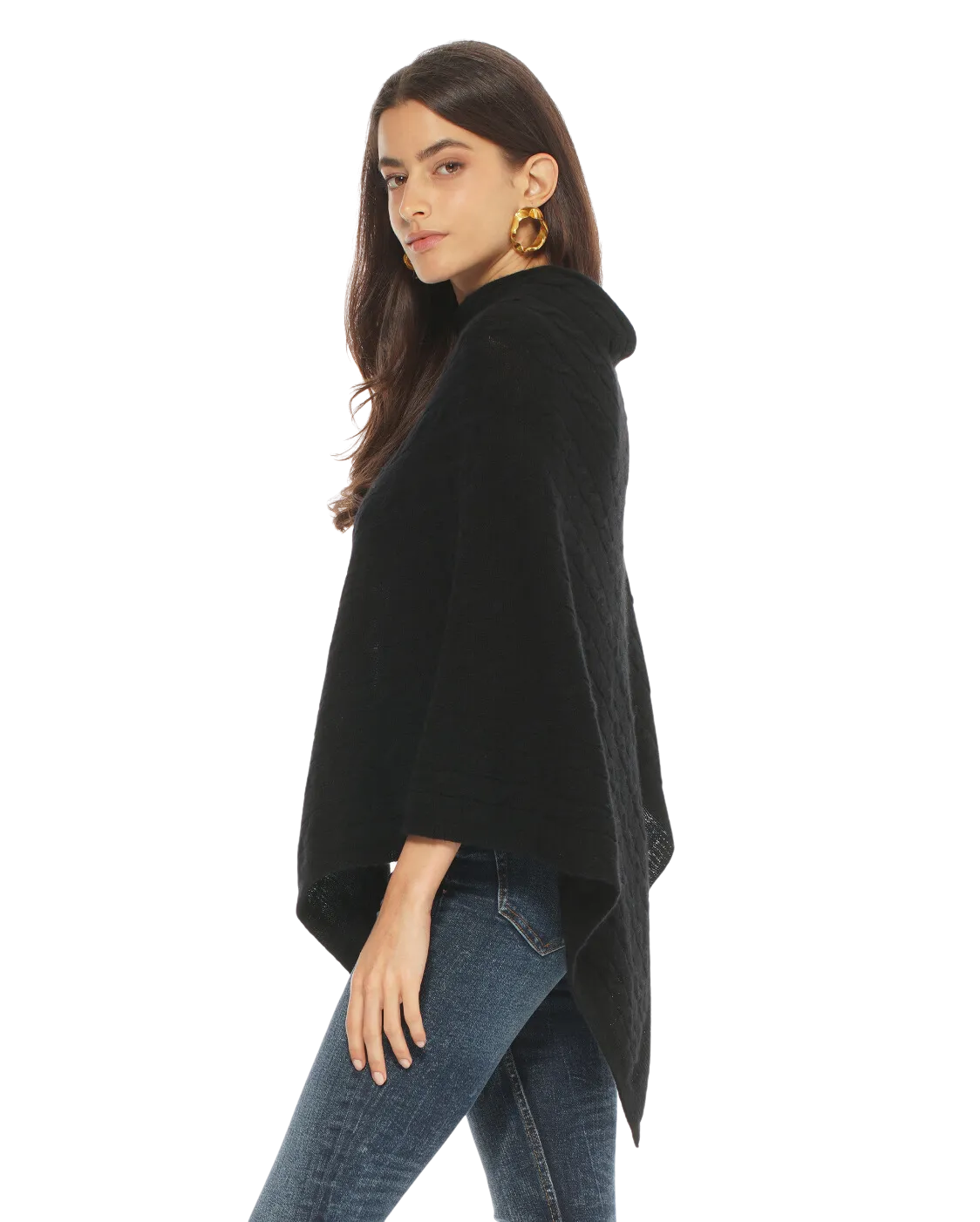 Pure Cashmere Cable Knit Poncho Black