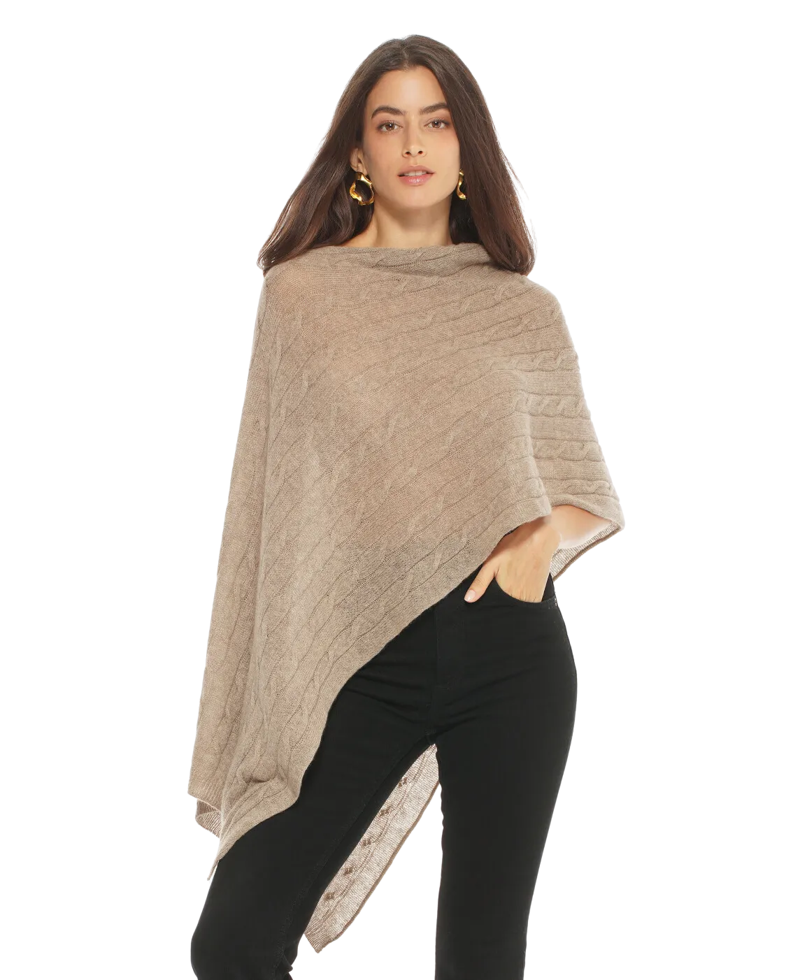 Pure Cashmere Cable Knit Poncho Taupe