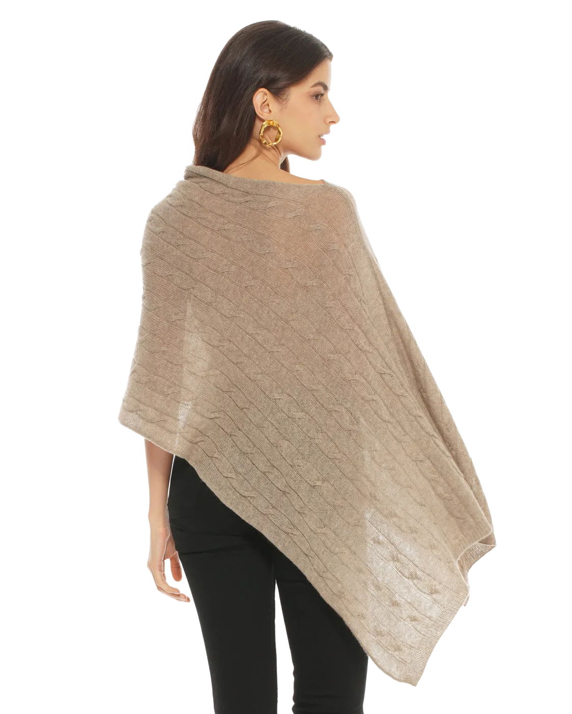 Pure Cashmere Cable Knit Poncho Taupe