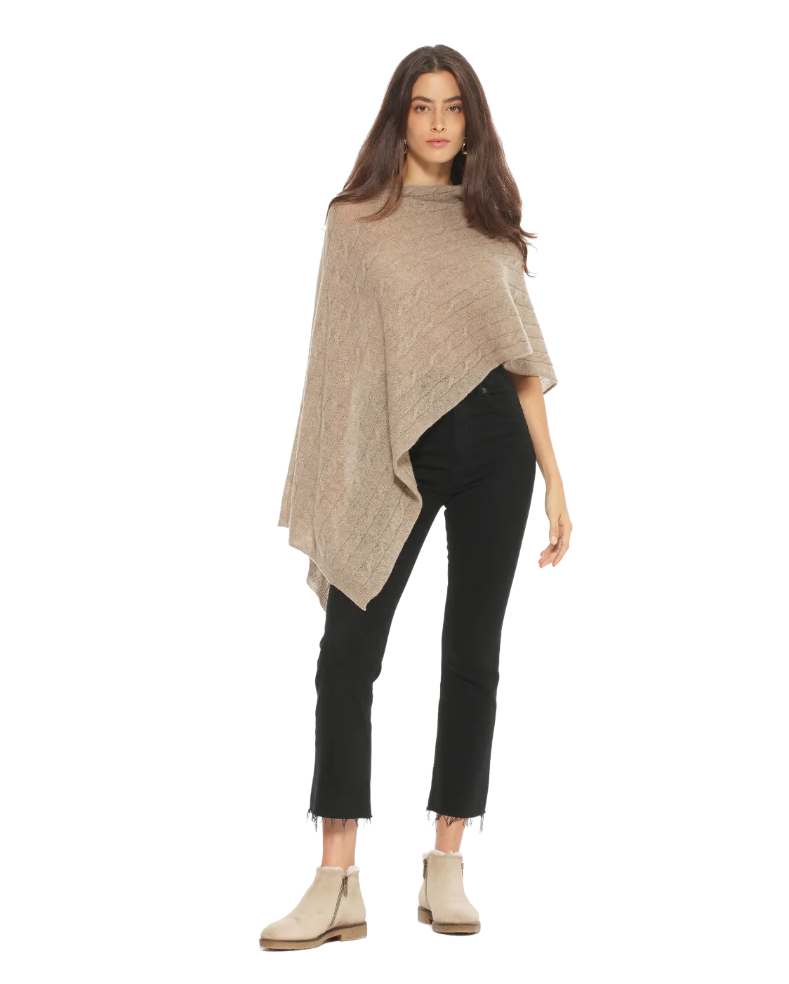 Pure Cashmere Cable Knit Poncho Taupe