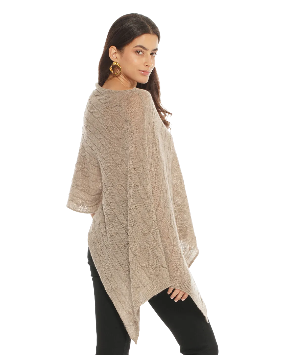 Pure Cashmere Cable Knit Poncho Taupe