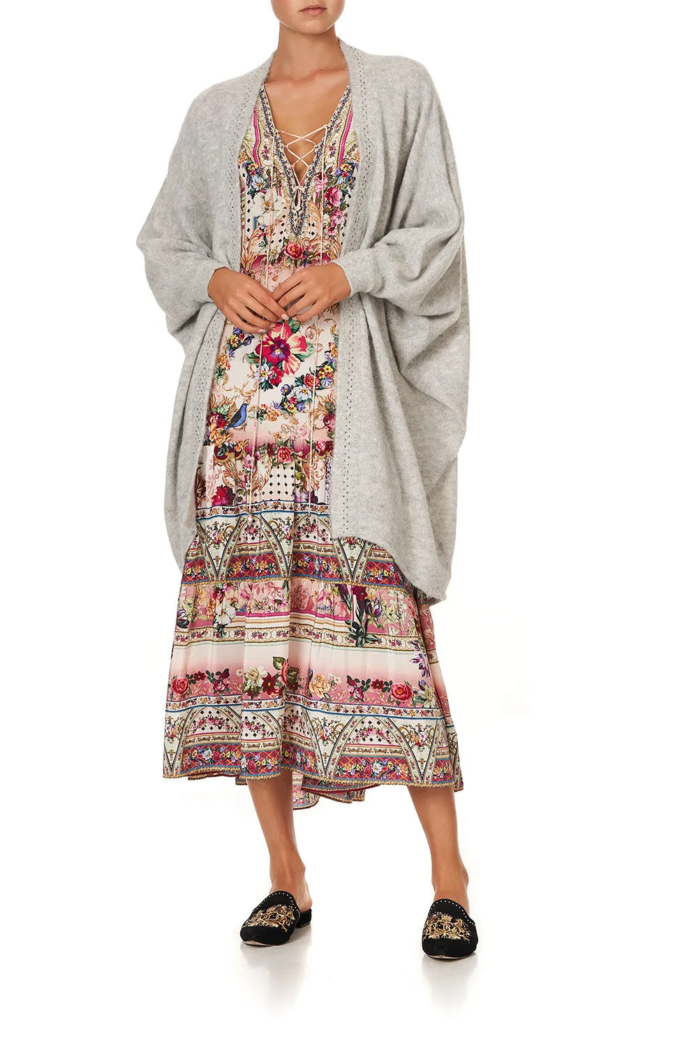 SOFT KNIT PONCHO WITH EMBROIDERY GREY ISTENANYA