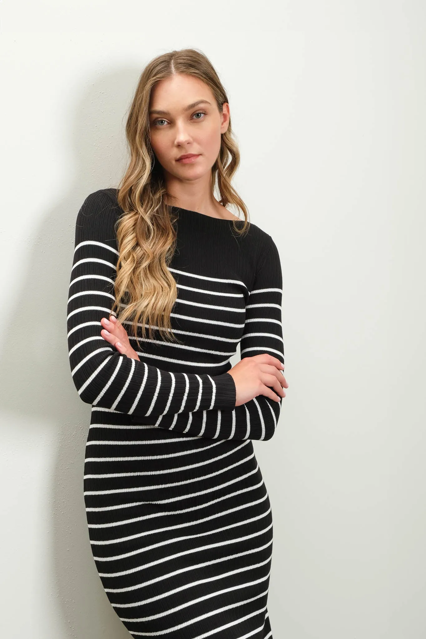 STRIPE LONG SLEEVE SWEATER KNIT MIDI DRESS