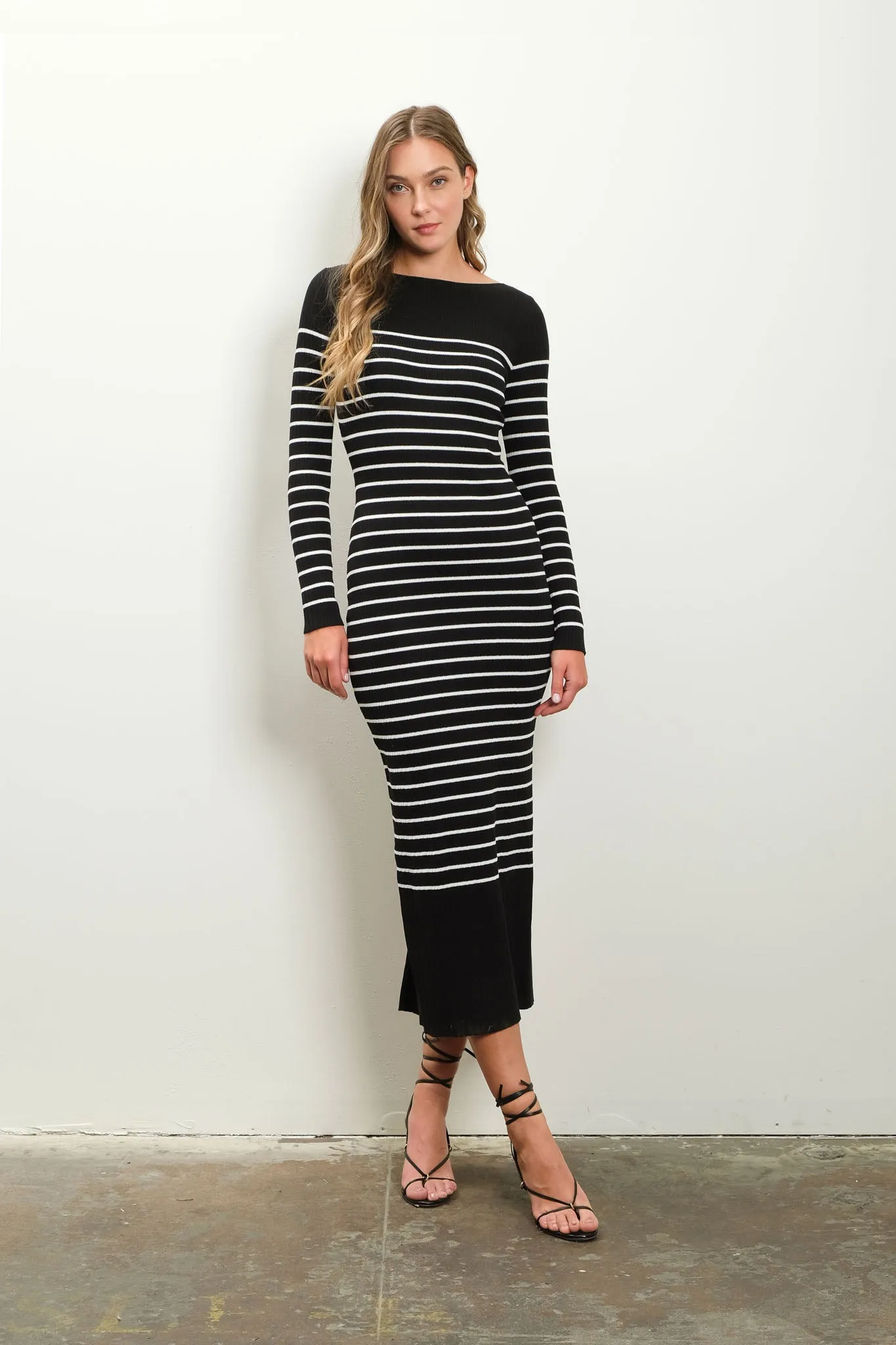 STRIPE LONG SLEEVE SWEATER KNIT MIDI DRESS