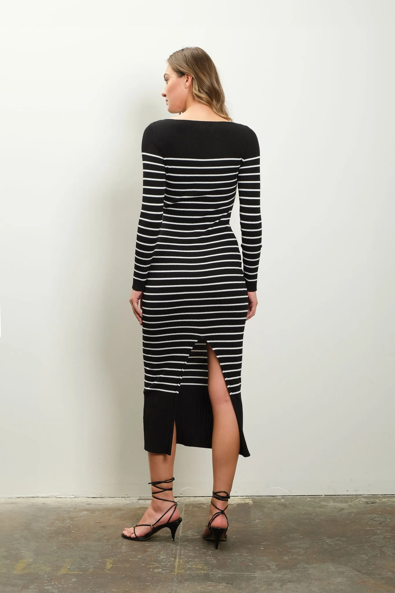 STRIPE LONG SLEEVE SWEATER KNIT MIDI DRESS