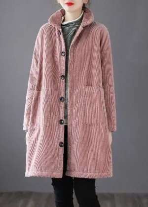 Stylish Pink Button Pockets Fine Cotton Filled Parka Winter