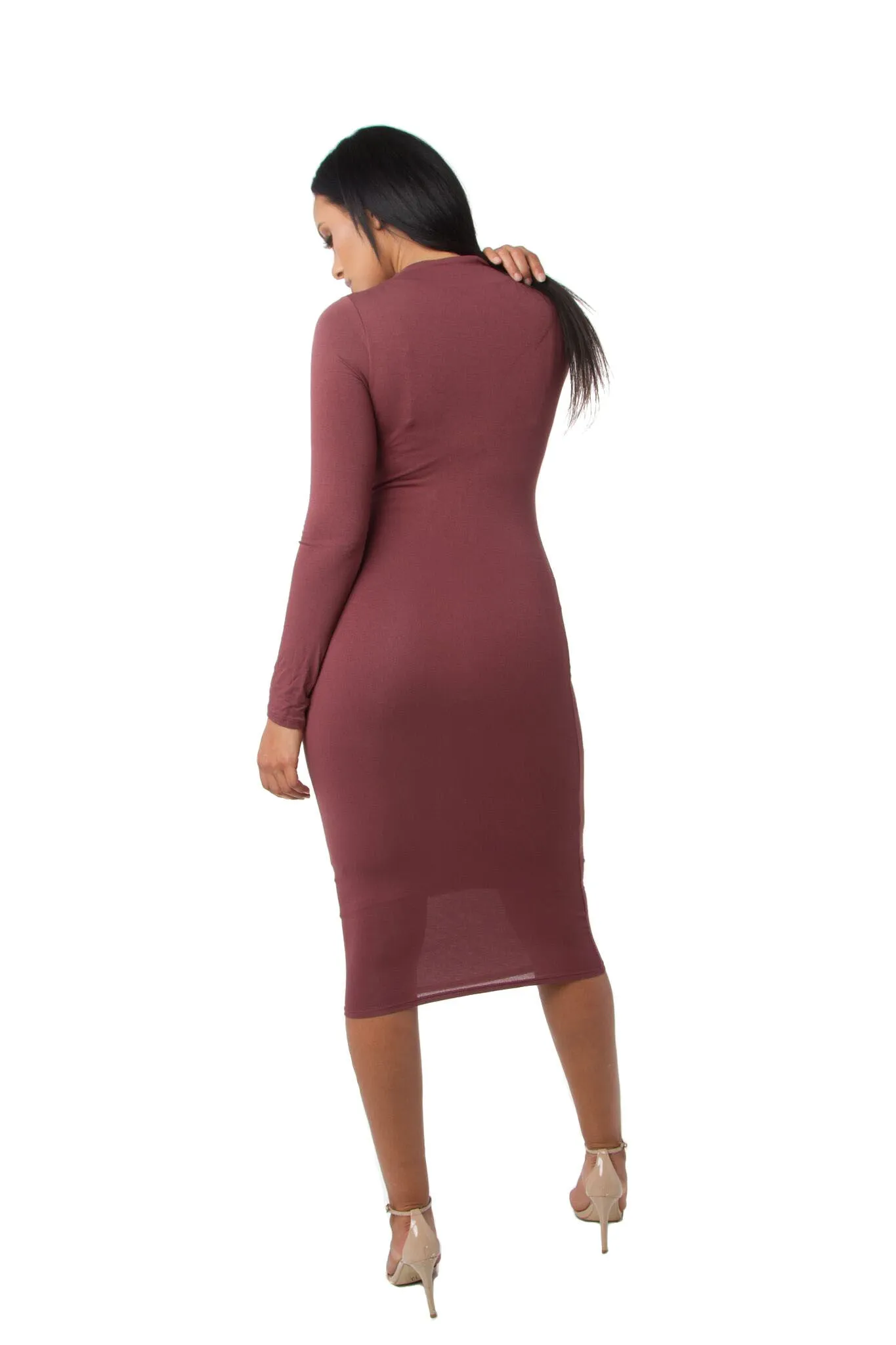 THE MYSTYLEMODE BURNT TOFFEE DOUBLE LINED LONG SLEEVE FUNNEL NECK MIDI DRESS