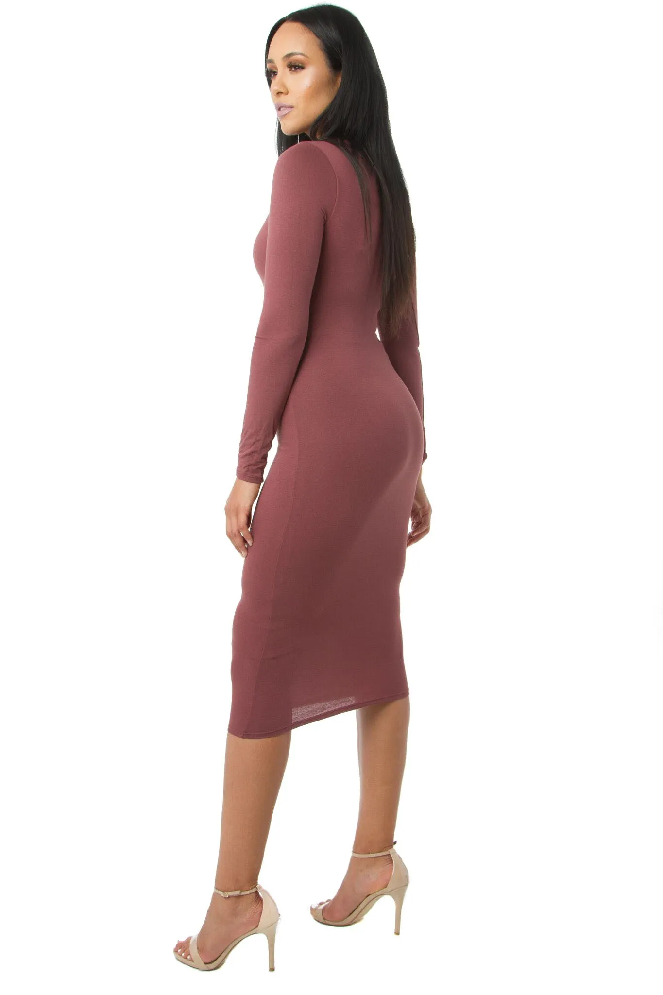 THE MYSTYLEMODE BURNT TOFFEE DOUBLE LINED LONG SLEEVE FUNNEL NECK MIDI DRESS