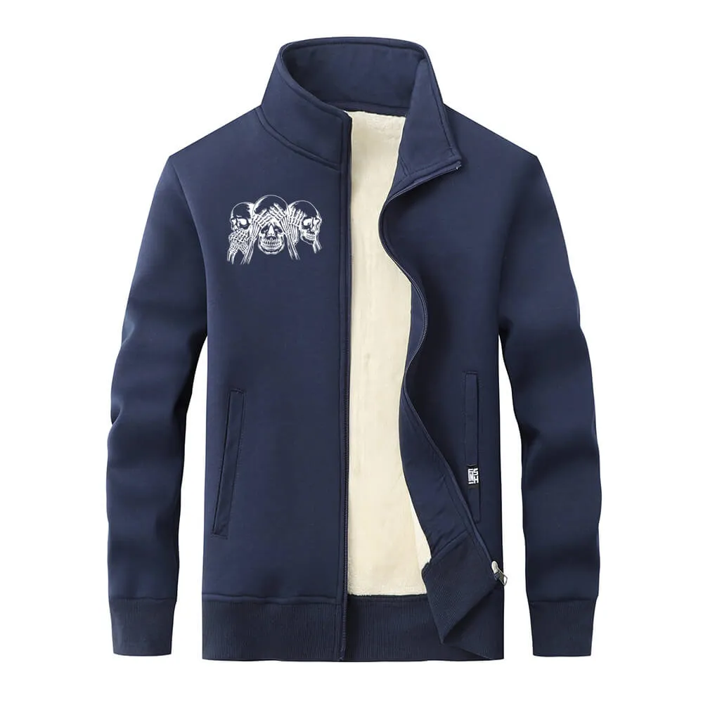 Three Wise Skull Stand Collar Zip Fleece Sherpa Cardigan