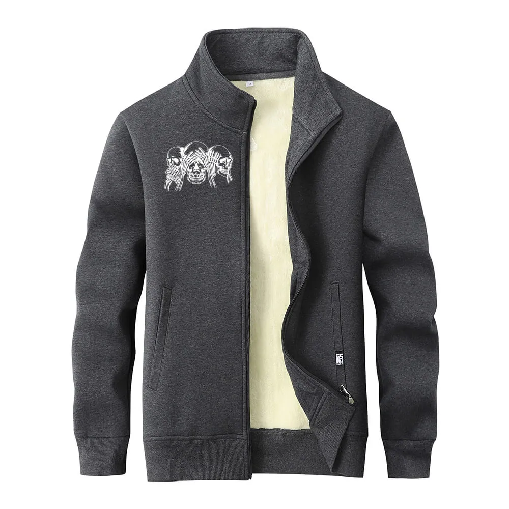 Three Wise Skull Stand Collar Zip Fleece Sherpa Cardigan