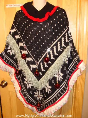 Ugly Christmas Sweater Party Holy Grail of Ugly Sweater Poncho with 3D Ornaments and Garland and Trims. Great Sweater Alternative for Mens XL, XXL or Mens XXXL  (z7)