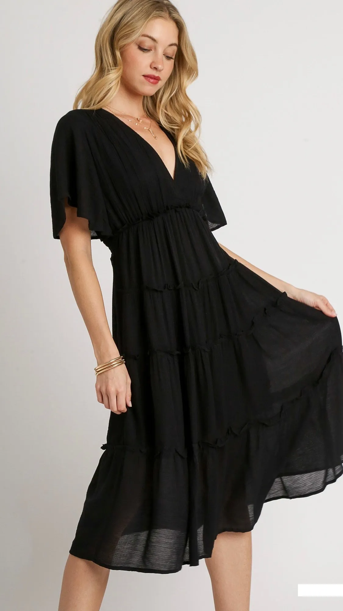 Val Textured Tiered Midi Dress Black