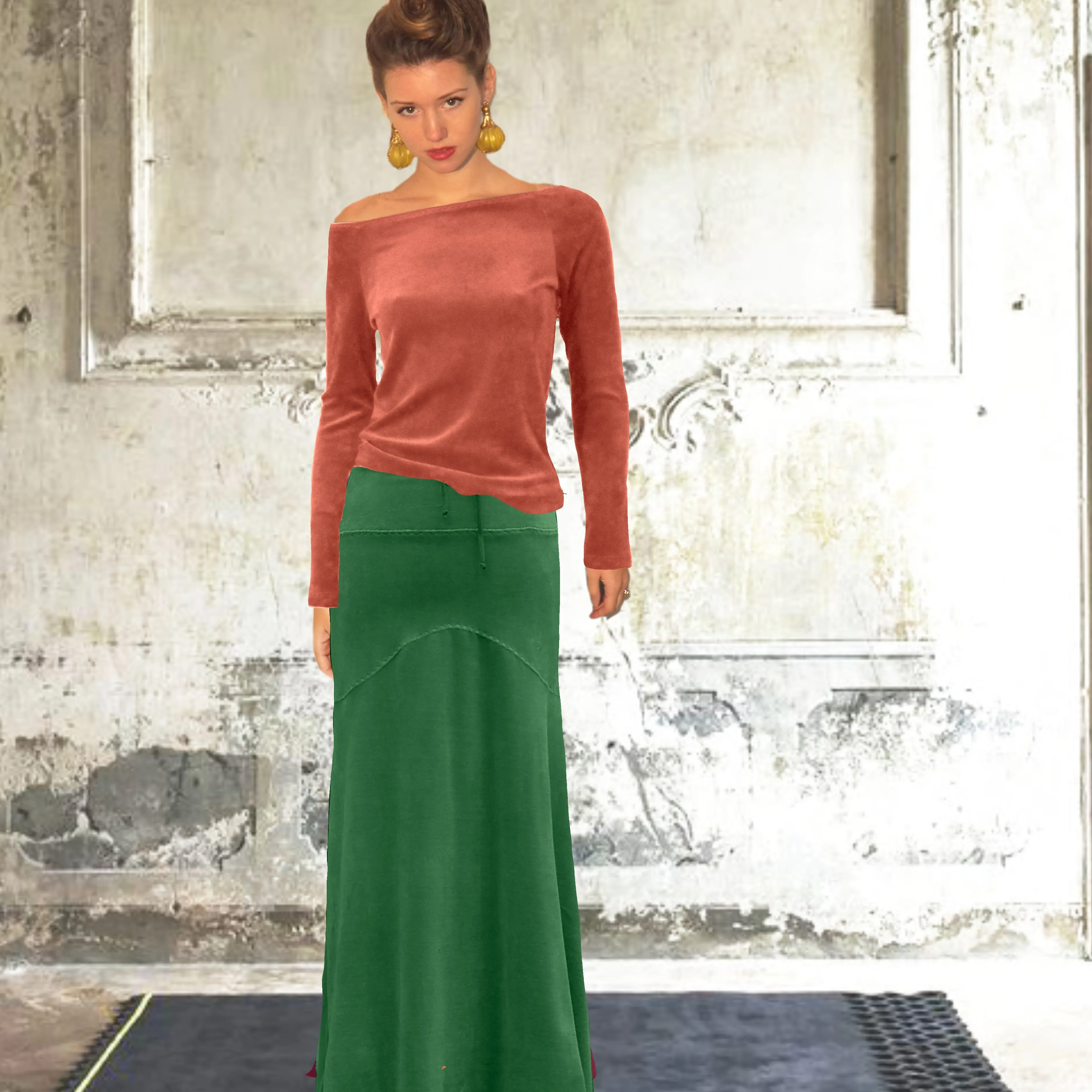 Velours maxi rok in zandloper lijn/velvet maxi skirt in hour glass design