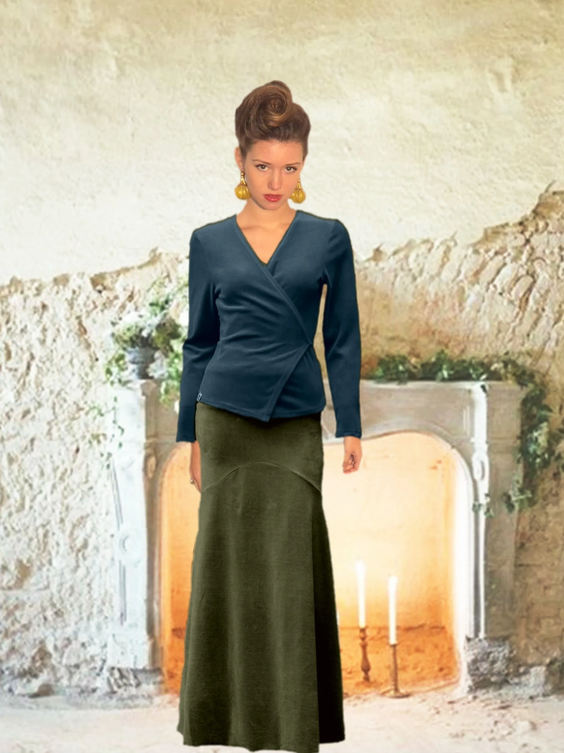 Velours maxi rok in zandloper lijn/velvet maxi skirt in hour glass design