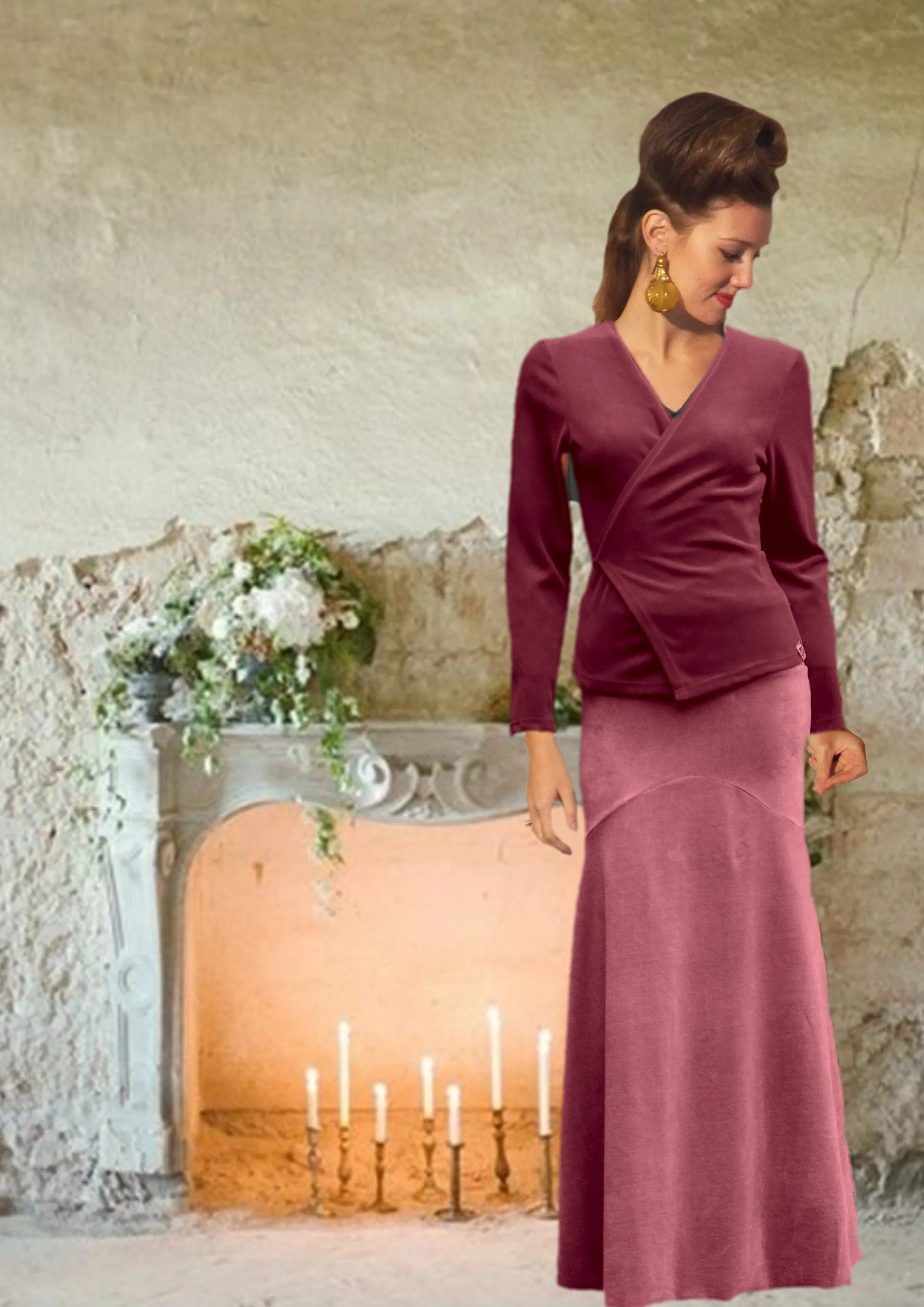 Velours maxi rok in zandloper lijn/velvet maxi skirt in hour glass design