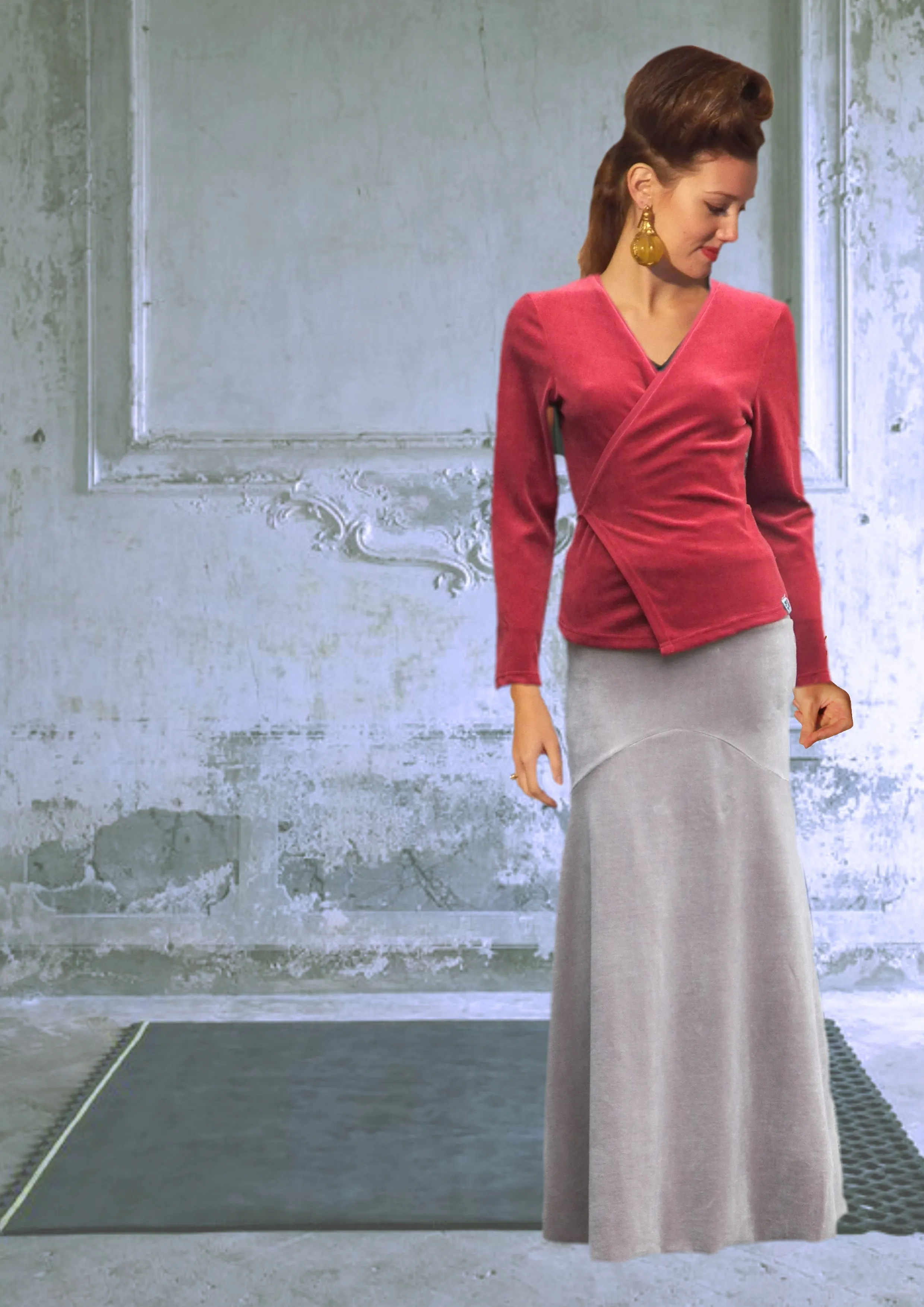 Velours maxi rok in zandloper lijn/velvet maxi skirt in hour glass design