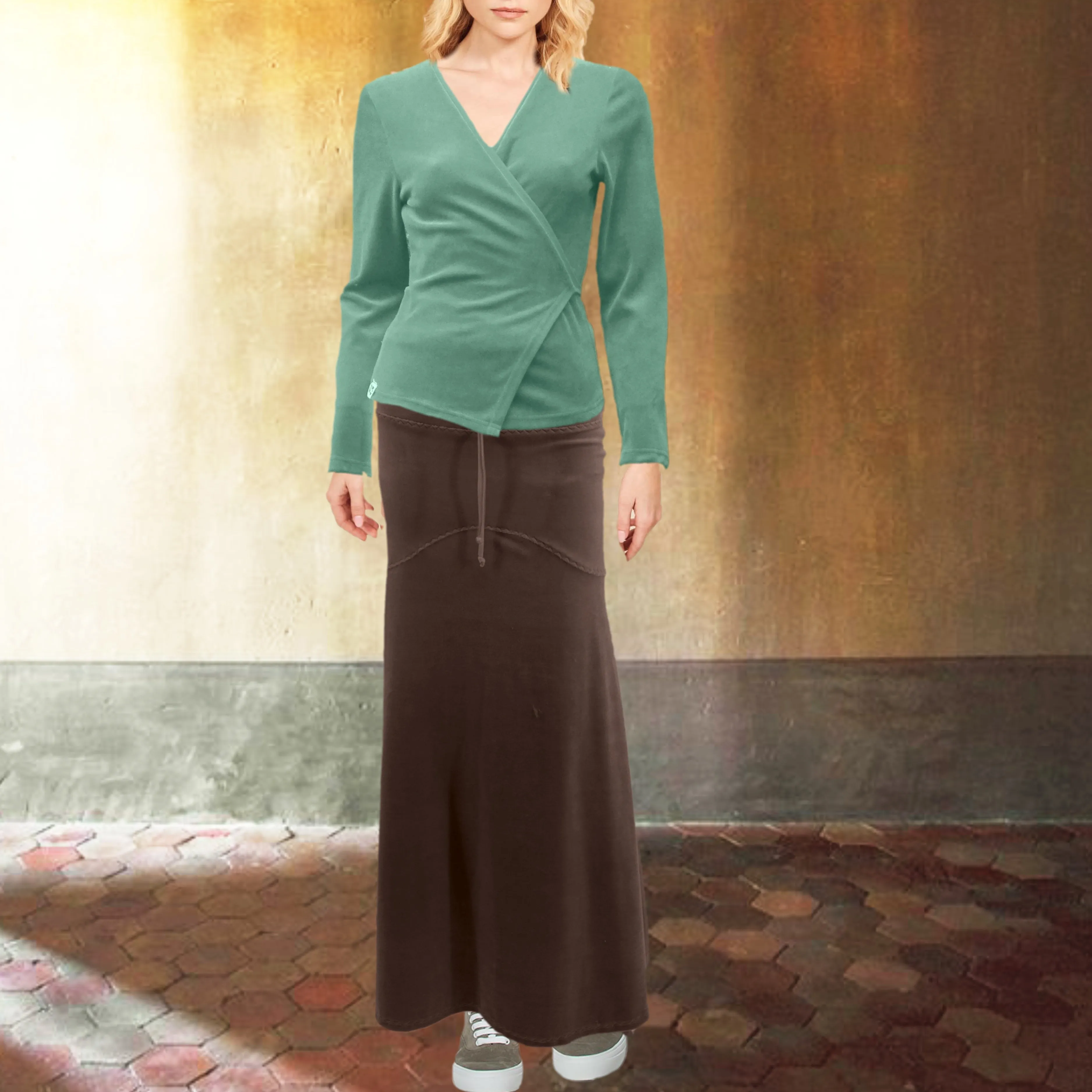 Velours maxi rok in zandloper lijn/velvet maxi skirt in hour glass design