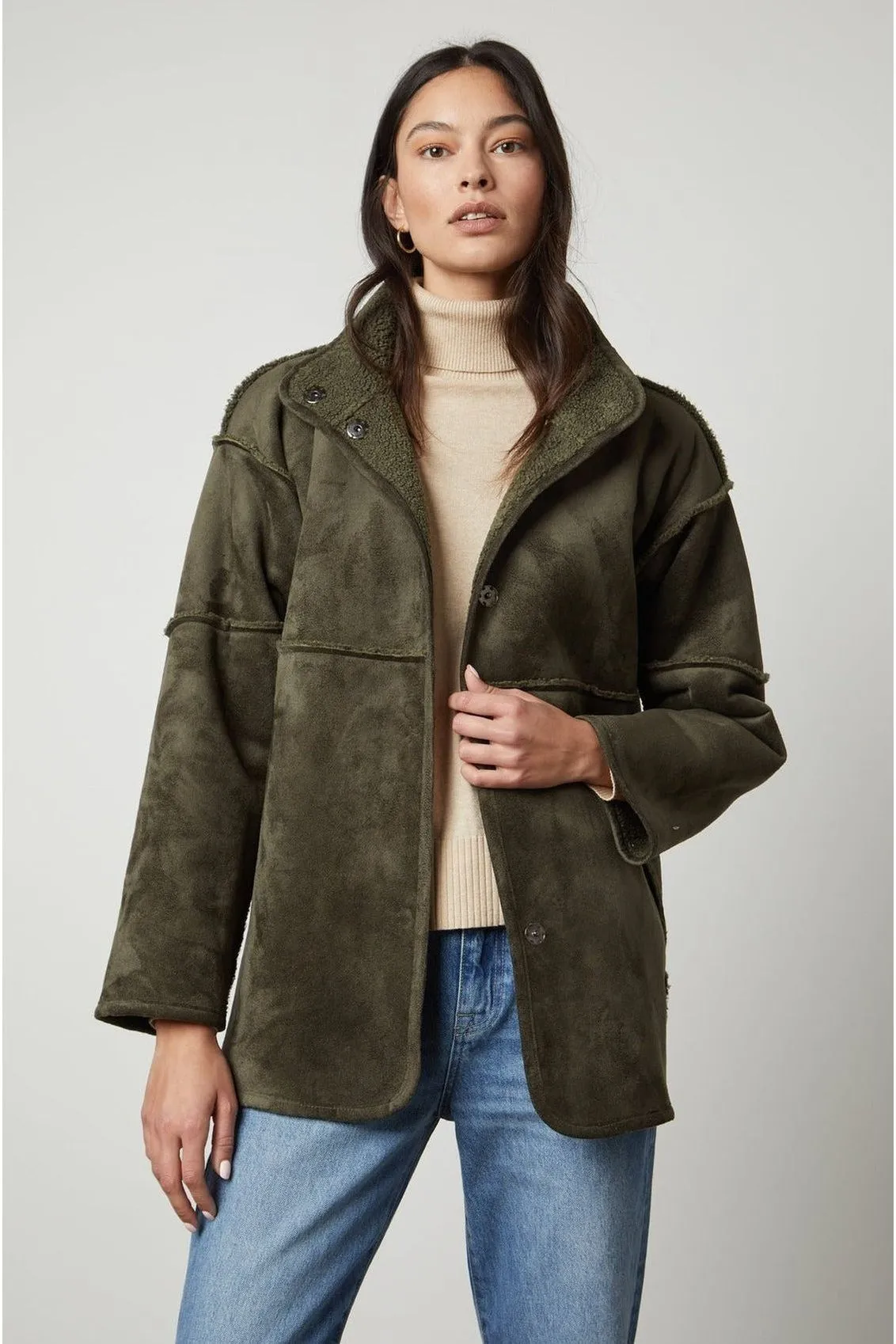 Velvet by Graham & Spencer Albany 03 Luxe Sherpa Reversible Jacket | Army | Clearance Final Sale