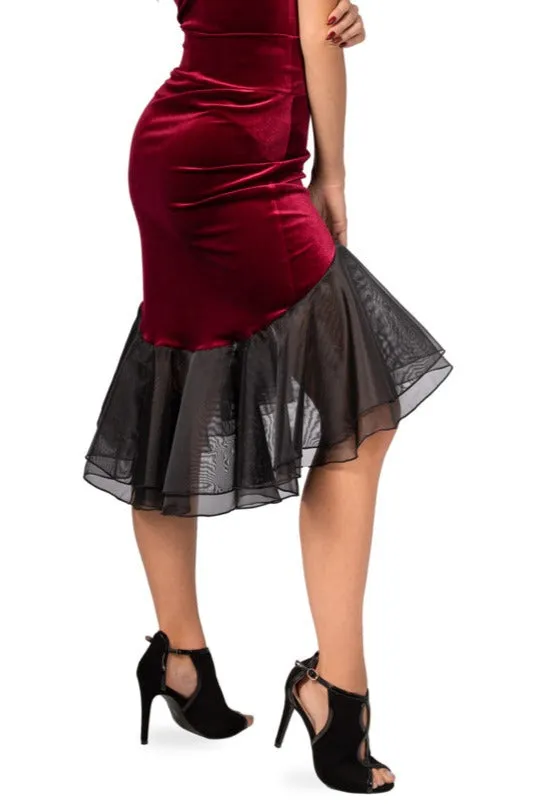 Velvet Skirt With Black Organza Ruffles