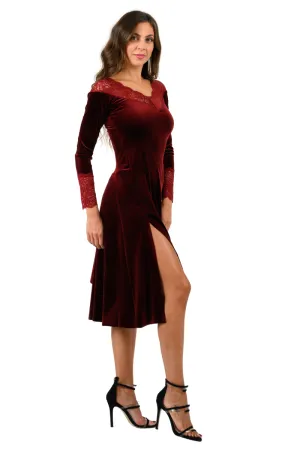 Velvet Tango Dress with Long Sleeves And Lace Details