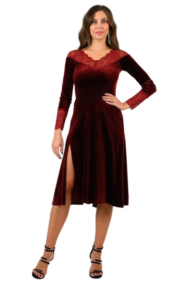 Velvet Tango Dress with Long Sleeves And Lace Details