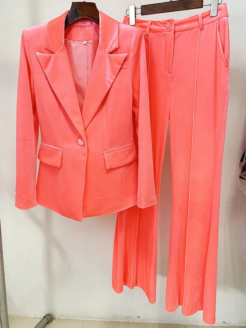 Women and Teens Orange Pink Blazer   Mid-High Rise Flare Trousers Pants Suit, Graduation, Speech Day, Birthday Party,