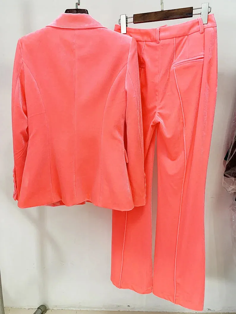 Women and Teens Orange Pink Blazer   Mid-High Rise Flare Trousers Pants Suit, Graduation, Speech Day, Birthday Party,