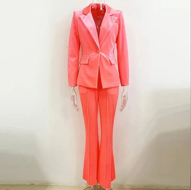 Women and Teens Orange Pink Blazer   Mid-High Rise Flare Trousers Pants Suit, Graduation, Speech Day, Birthday Party,