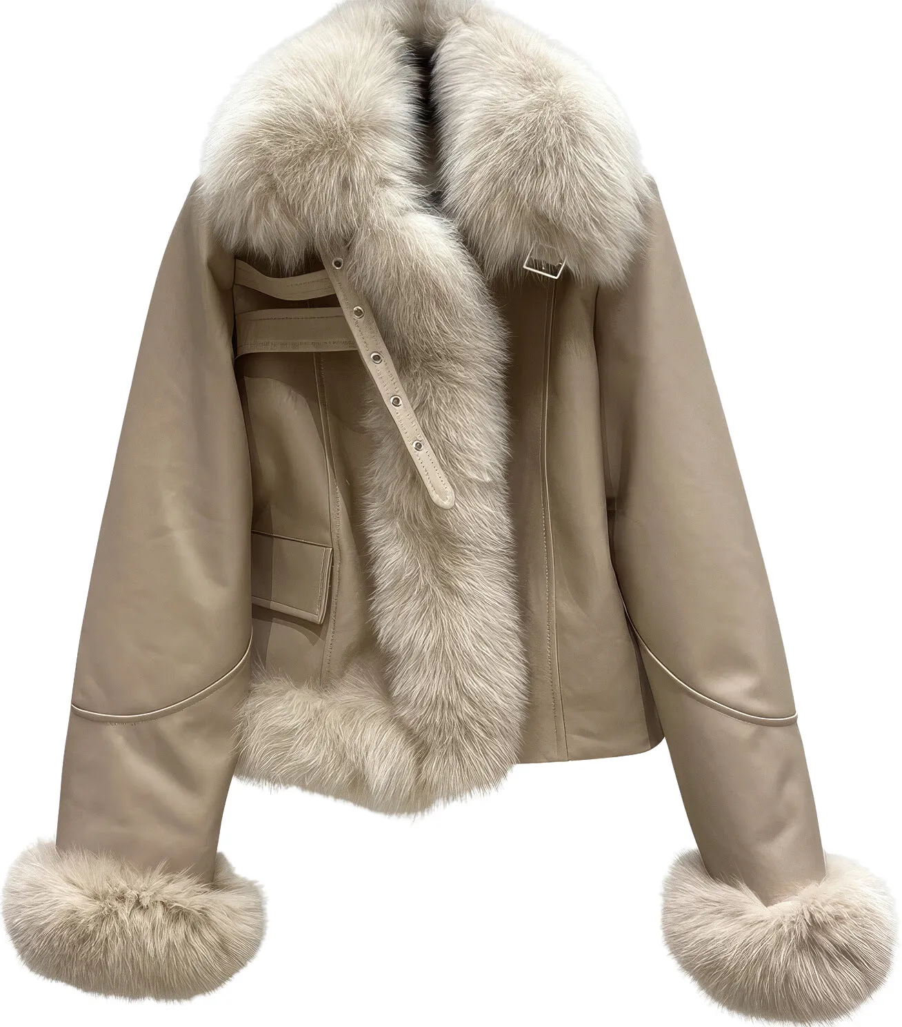 Women’s Apricot Faux Shearling Fur Genuine Sheepskin Leather Jacket