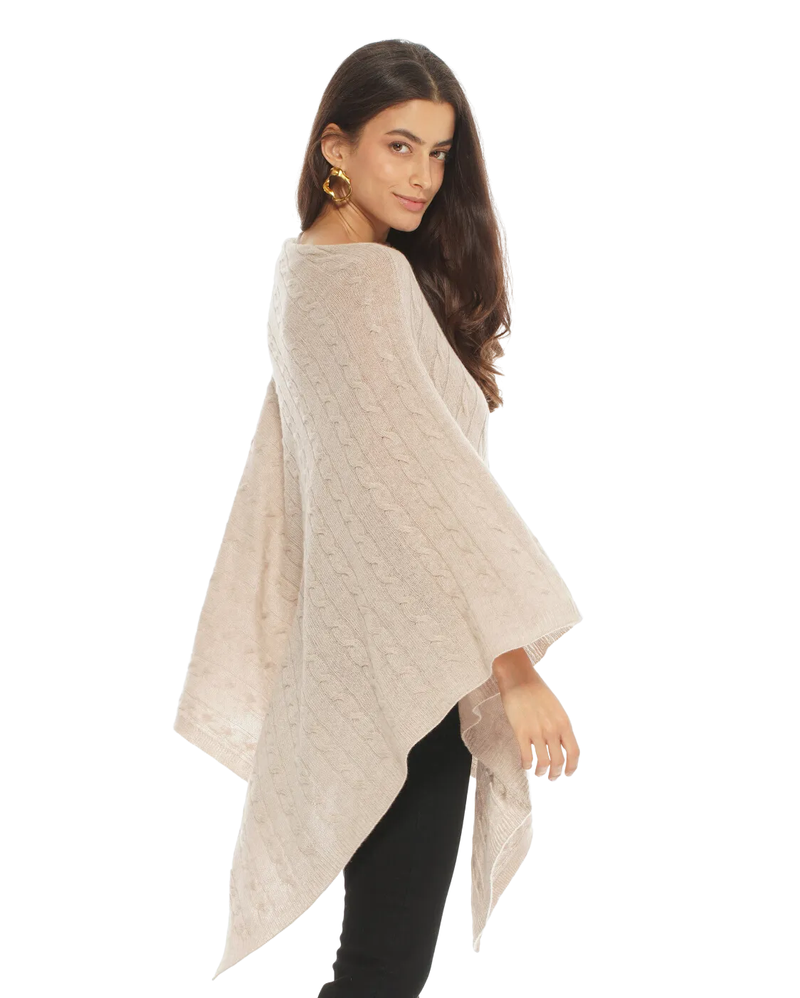 Womens's Pure Cashmere Cable Knit Poncho Beige