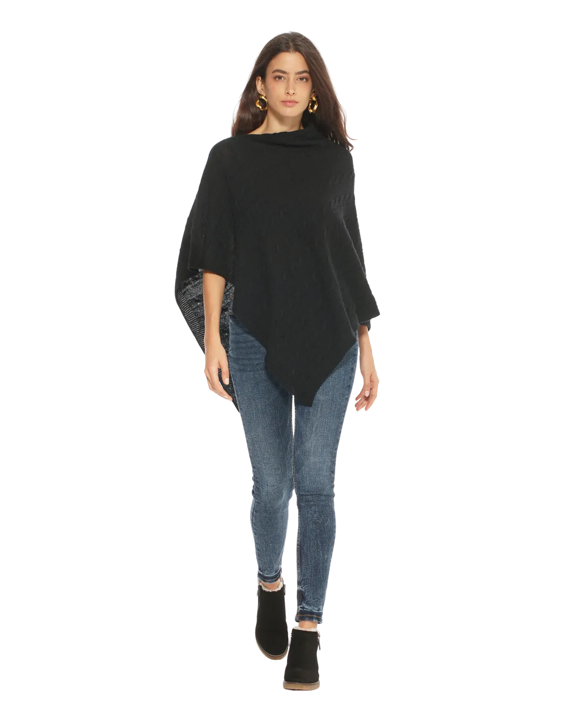 Womens's Pure Cashmere Cable Knit Poncho Black