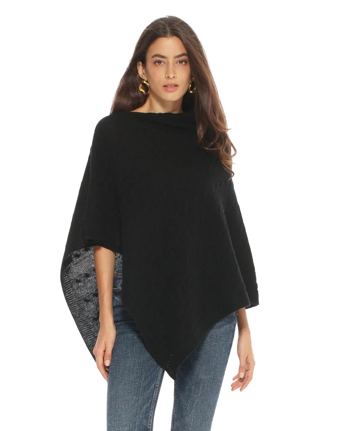 Womens's Pure Cashmere Cable Knit Poncho Black